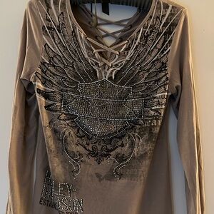 Harley-Davidson Taupe Lace-Up Long Sleeve Top with Studded Wing Graphic